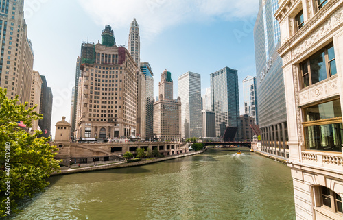 View of Chicago River with skyscrapers and riverwalk  USA