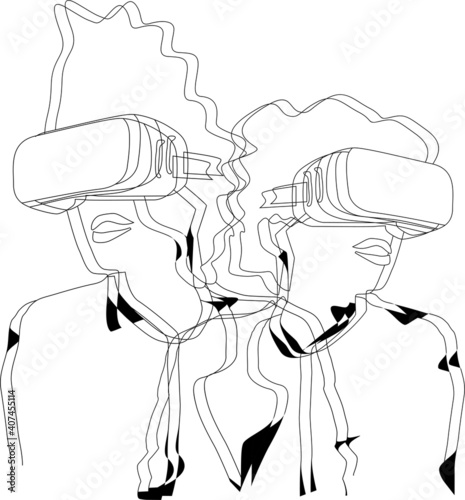 Vector black line graphic design cartoon of young man and woman wearing virtual reality glasses on white background.