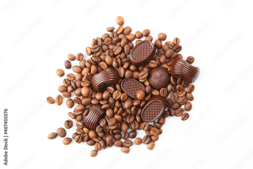 coffee beans and chocolate on white background isolated close up coffee beans and chocolate on white background isolated close up