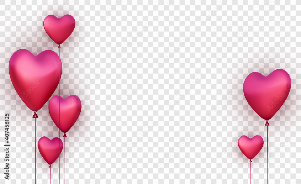Transparent banner with pink realistic 3d heart balloons.