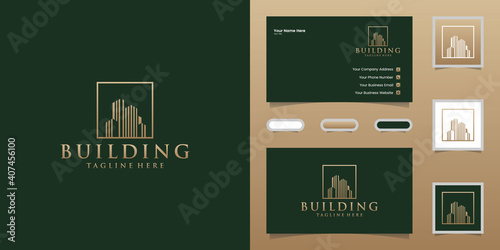 Luxury building logo with square and gold color design template and business card