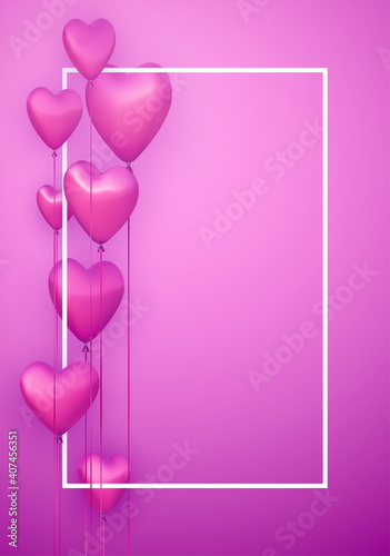 Pink vertical banner with realistic 3d heart balloons.
