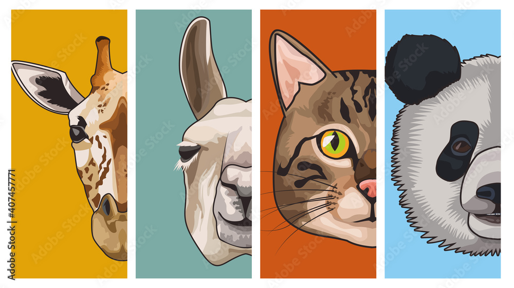 Fototapeta premium bundle of four animals domestics and wild set icons