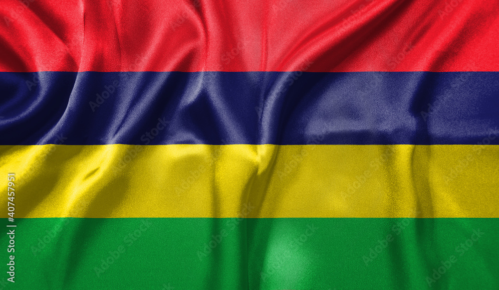 Fototapeta premium Mauritius flag wave close up. Full page Mauritius flying flag. Highly detailed realistic 3D rendering