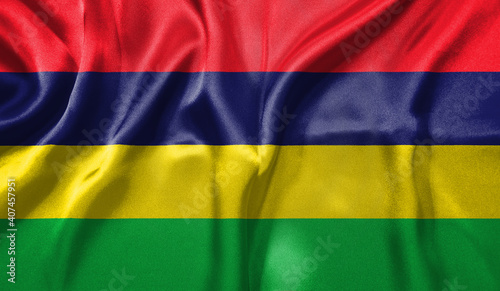 Mauritius flag wave close up. Full page Mauritius flying flag. Highly detailed realistic 3D rendering