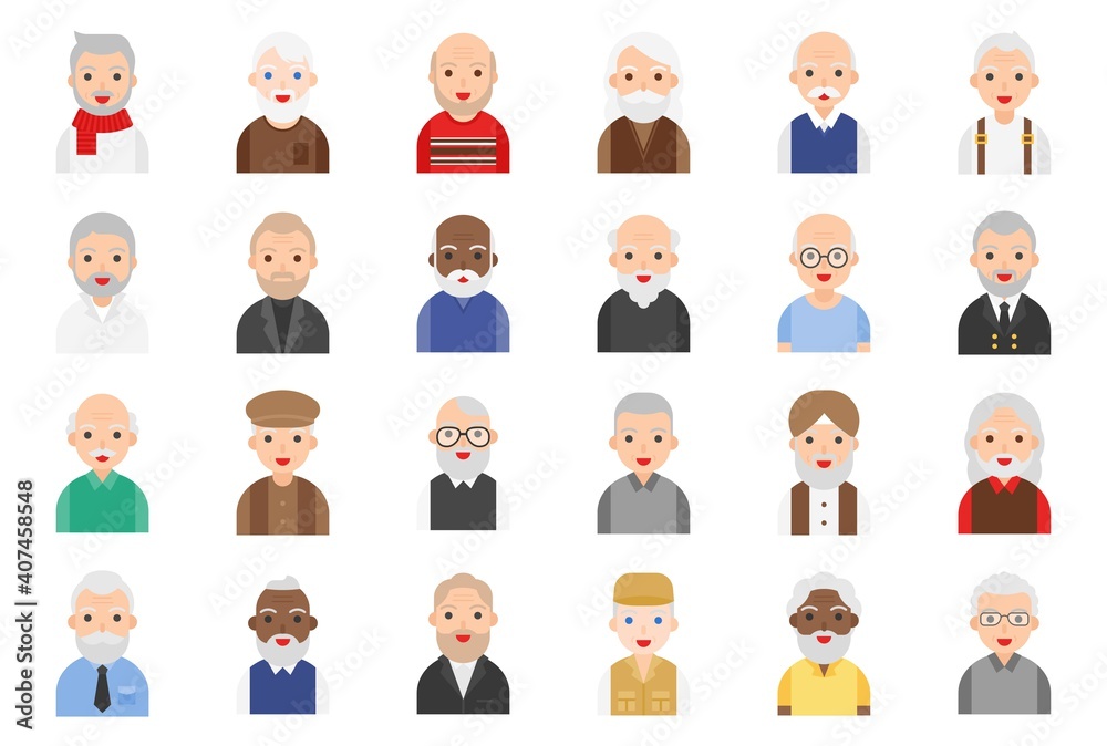 Elderly Man avatar flat icon set, vector illustration