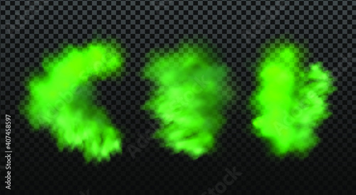 Green stink bad smell, smoke or poison gases,chemical toxic vapour.Vector realistic set of stench breath or sweat odor isolated on transparent checkered background.
