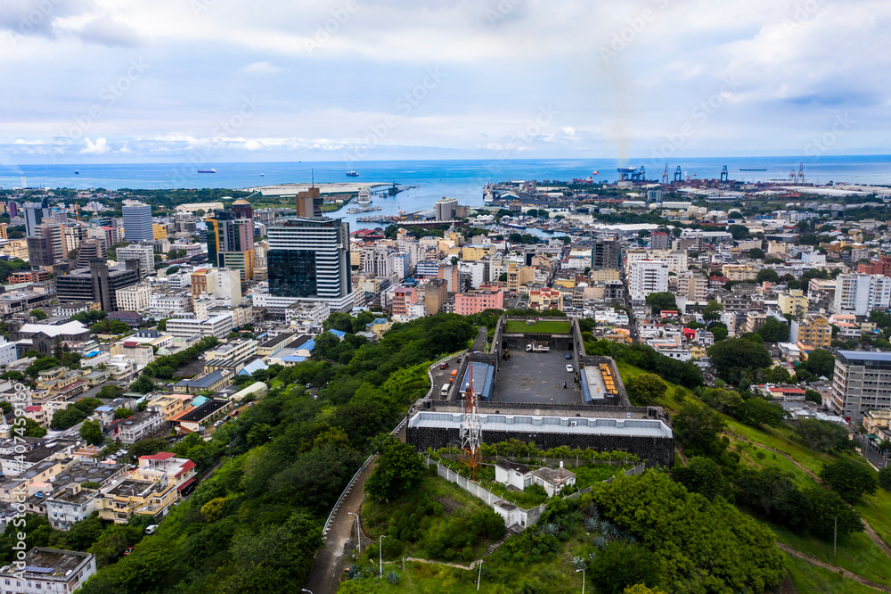 Obraz premium Aerial view, city view of Port Louis with harbor, old town and financial district, Mauritius
