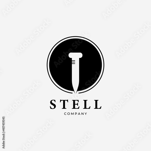 Steel Logo Vector Design Illustration Vintage, Concept of Carpentry, Workshop With Nail, Wooden Plank