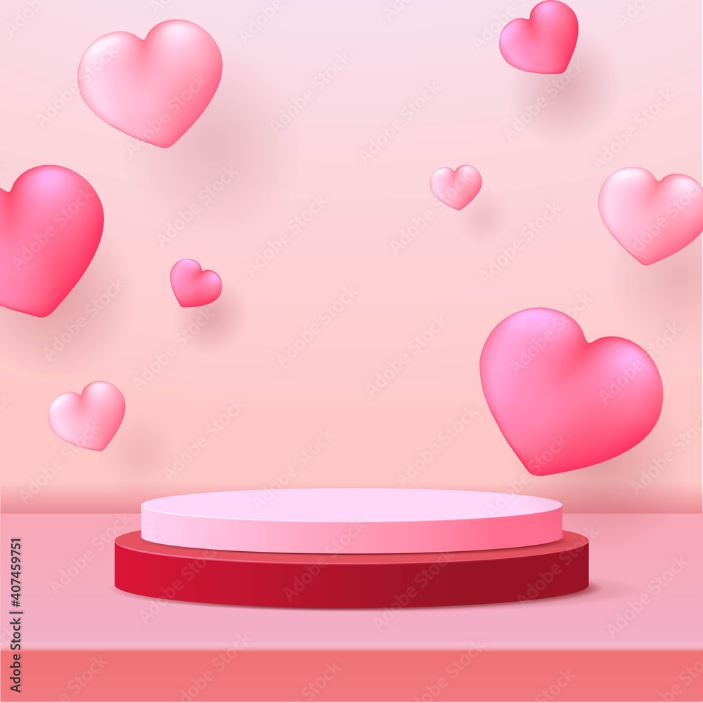 Happy valentine's day podium display. stand mockup product presentation. greeting banner or card in 3D realistic style. 