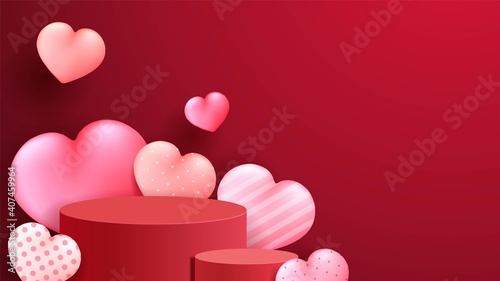 Happy valentine's day podium display. stand mockup product presentation. greeting banner or card in 3D realistic style. 