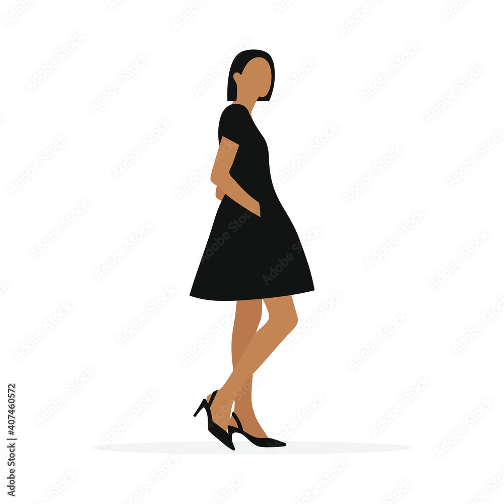 Female character in short black dress and shoes on white background