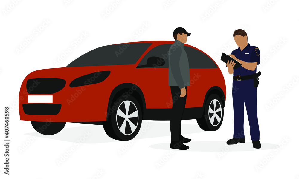 Policeman in uniform writing on paper and male character standing near a car on a white background Policeman in uniform writing on paper and male character standing near a car on a white background