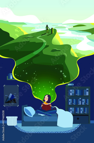 Nighttime landscapes and natural scenes. the nighttime world, A little cute girl Reading a book about nature wildlife girl imagine vector image