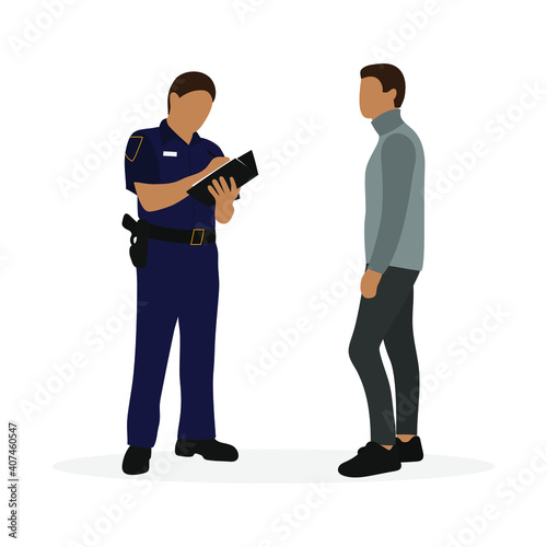 Policeman writing on paper and male character in turtleneck on white background