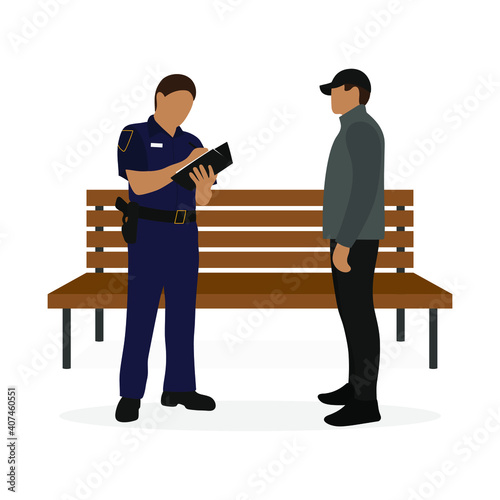 Policeman writing on paper and male character standing near a wooden bench on a white background