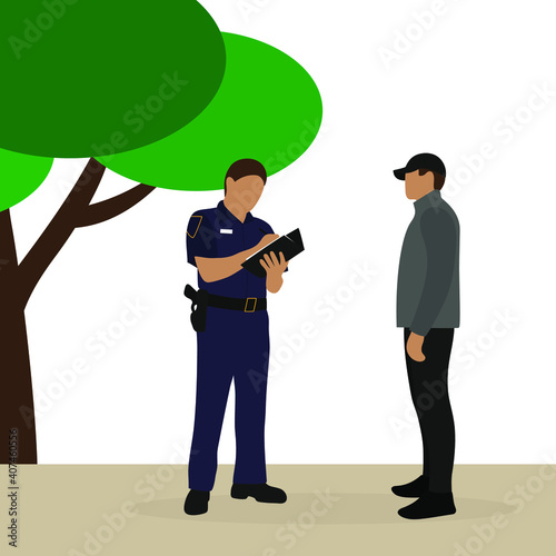 Male character and policeman in uniform writing on paper in nature