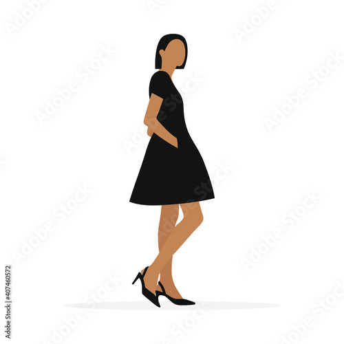 Female character in short black dress and shoes on white background