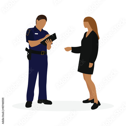 Policeman writing on paper and female character on white background