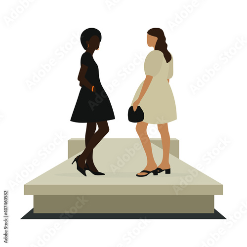 Black and white female characters in beautiful dresses stand on the podium on a white background
