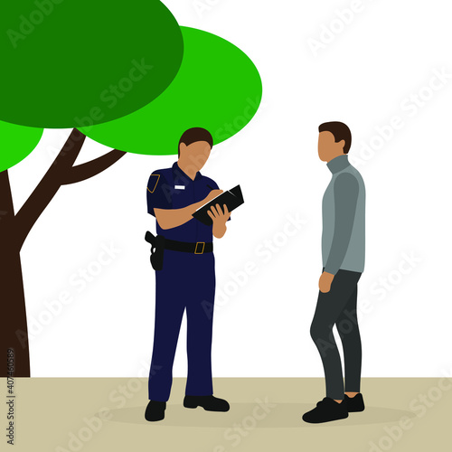 Policeman in uniform writing on paper and male character standing outdoors near a tree