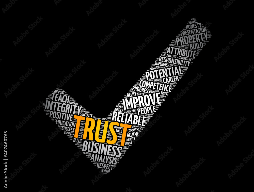TRUST check mark word cloud collage, business concept background TRUST check mark word cloud collage, business concept background
