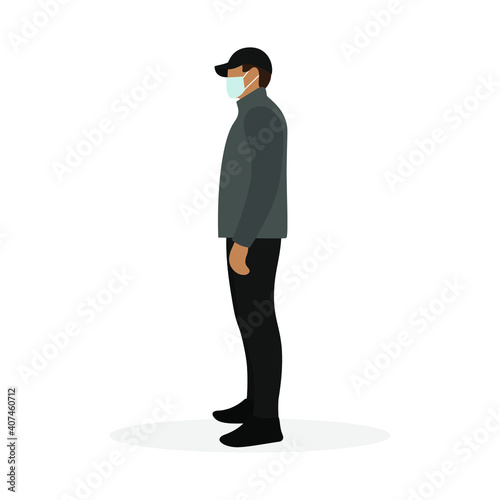 Male character in jacket, cap and medical mask on white background