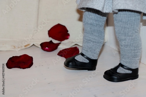 Wallpaper Mural Doll's legs in gray knitted tights and black sandals, and burgundy rose petals on a light background. Torontodigital.ca