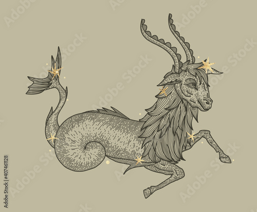 Zodiac signs. Capricorn and golden stars. constellation and astrology. vintage vintage retro engraving style. vector