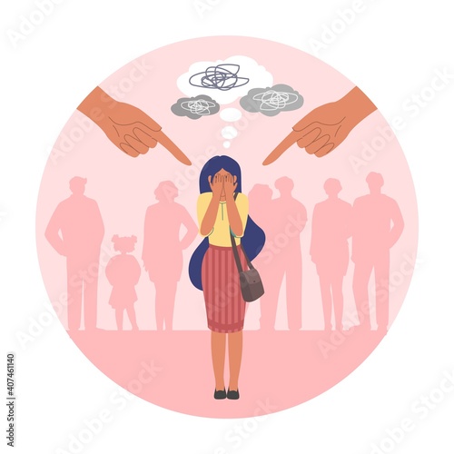 Human fingers pointing at crying girl, flat vector illustration. Social pressure, verbal bullying concept.