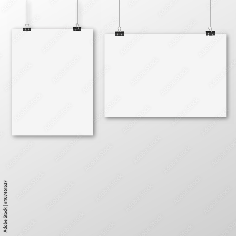 White poster hanging with binder on white background. Vector White poster hanging with binder on white background. Vector