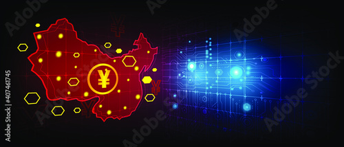 High technology currency china yuan using as abstract background business digital data technology concept. China Map Connection point line worldwide information technology dat exchange business. photo