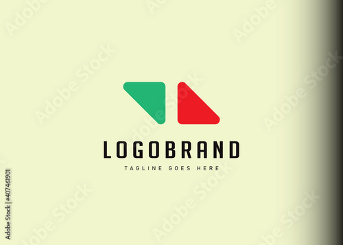 Trade logo design inspiration. Vector illustration of two round triangles in green and red that resemble an application button. Modern vintage icon design template with line art style.