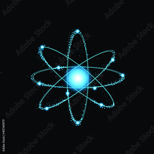 Blue shining cosmic vector atom model. Abstract atom from particles. Vector illustration.