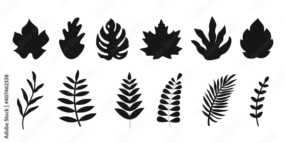 Vector set black leaves in silhouette on white background. Botanical collection doodle elements in flat style. Horizontal background Vector set black leaves in silhouette on white background. Botanical collection doodle elements in flat style. Horizontal background