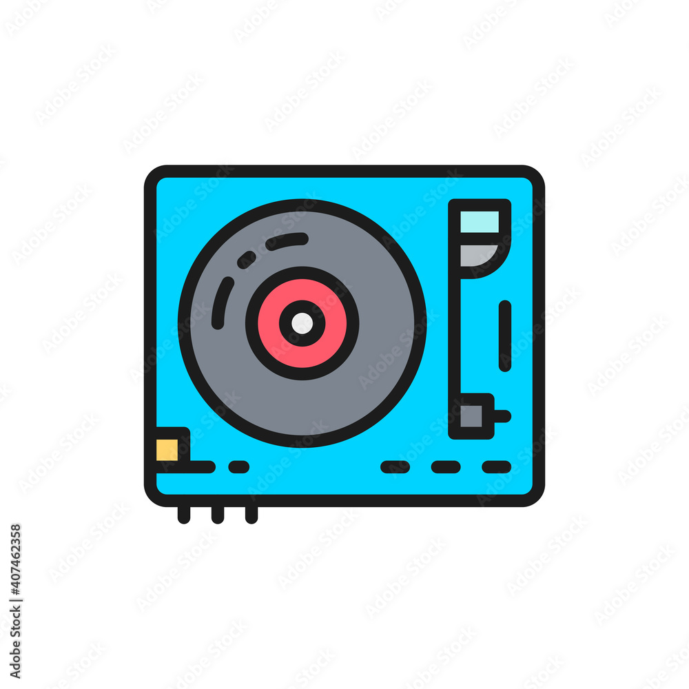 Vinyl turntable, DJ mixer flat color line icon. Isolated on white background