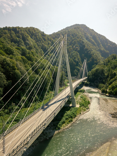 Cable-stayed bridge in the mountains covered with trees