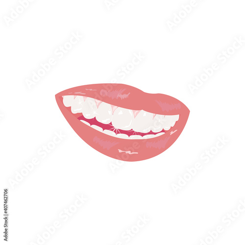 Pink woman mouth is smiling with beautiful teeth.Lady mouth with Pink,red glossy lips, licking lips on white background . Vector isolated flat design illustration.Idea for dental or cosmetic web.