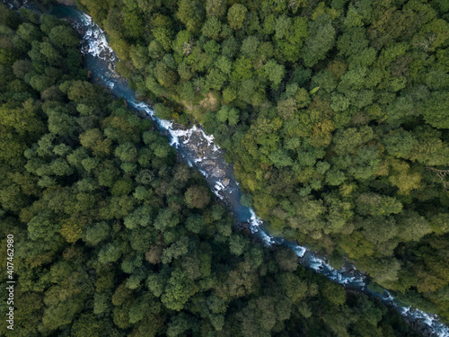 Aerial view panoramic in mountain river among the trees