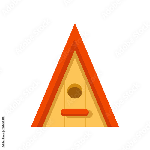 Triangular wooden birdhouse with a red roof, isolated on a white background. Spring vector illustration in a flat style for postcards, posters, banners, advertising. Cartoon style