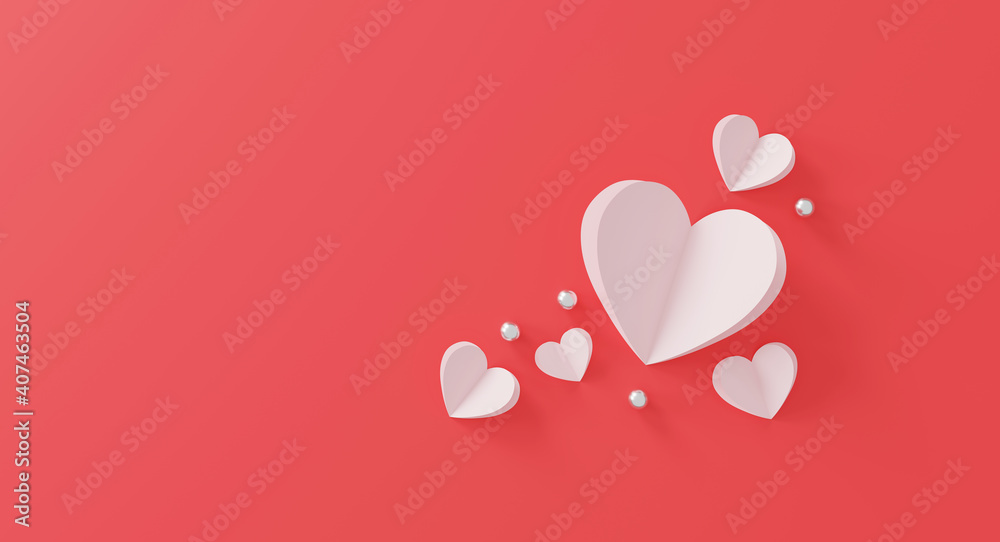 happy valentine's day concept. paper heart and silver ball on pink backgtound. top view. flat lay. space for text. 3D illustration