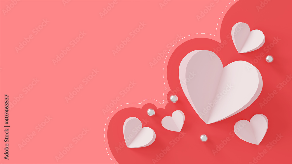 happy valentine's day concept. paper heart and silver ball on pink backgtound. top view. flat lay. space for text. 3D illustration