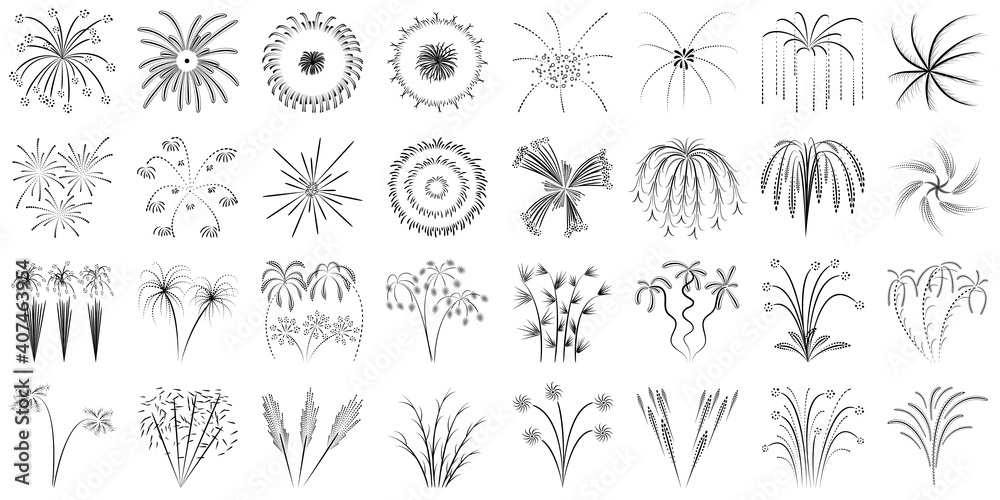 Fireworks in outline style. Set of vector icons isolated on white. A complex form for pyrotechnics.