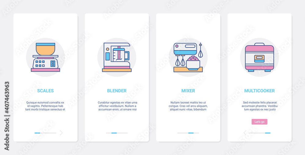 Kitchen electrical home appliances for cooking vector illustration. UX, UI onboarding mobile app page screen set with line modern chef cooker equipment, scales blender multicooker mixer to cook food Kitchen electrical home appliances for cooking vector illustration. UX, UI onboarding mobile app page screen set with line modern chef cooker equipment, scales blender multicooker mixer to cook food
