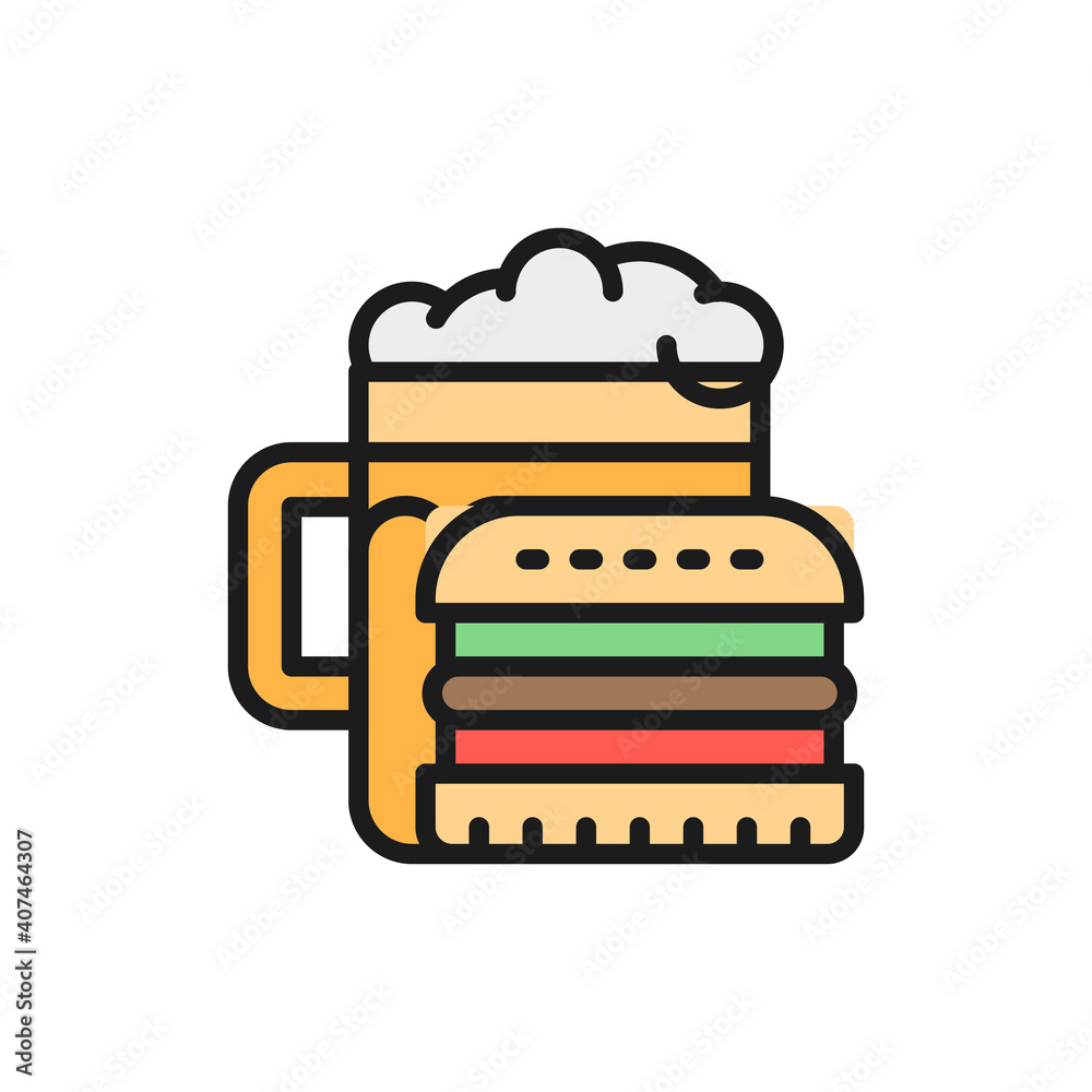 Junk food, beer and burger flat color line icon. Junk food, beer and burger flat color line icon.