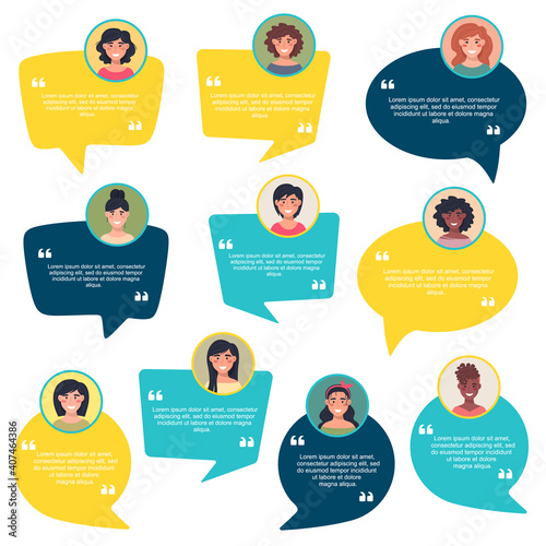 Speech bubble concept feedback, female avatar collection, customer feedback on info graphic, app and website. Creative testimonial template with different shapes. Vector illustration.