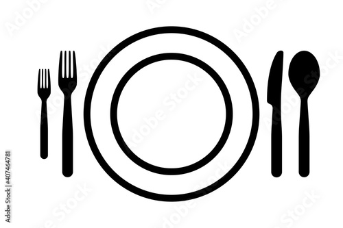 food menu vector. logo. spoon, fork, knife, plate, dish set. isolated on white background. Table setting concept. fastfood design. food market logotype.