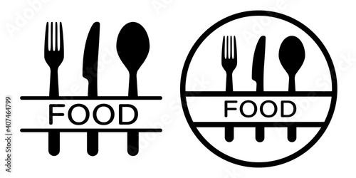 food menu vector. logo. spoon, fork, knife, plate, dish set. isolated on white background. Table setting concept. fastfood design. food market logotype.