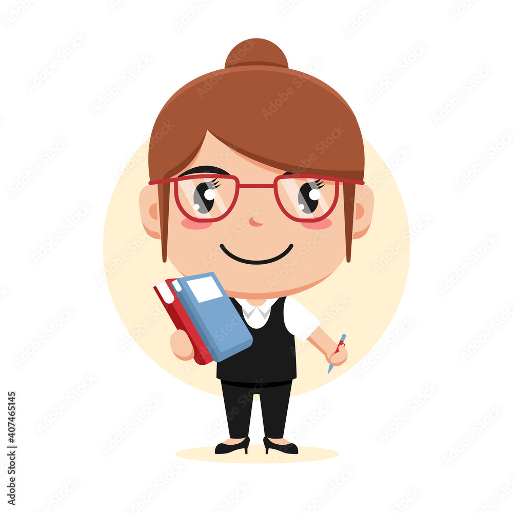 Character of woman holding books and ballpoint with eyeglasses, smart girl, flat design illustration Character of woman holding books and ballpoint with eyeglasses, smart girl, flat design illustration