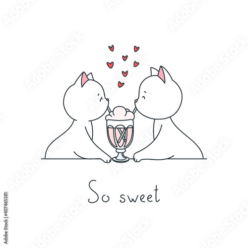 So sweet. Illustration of a cute cat couple in love sharing milkshake isolated on a white background. St. Valentine's day concept. Vector 10 EPS.